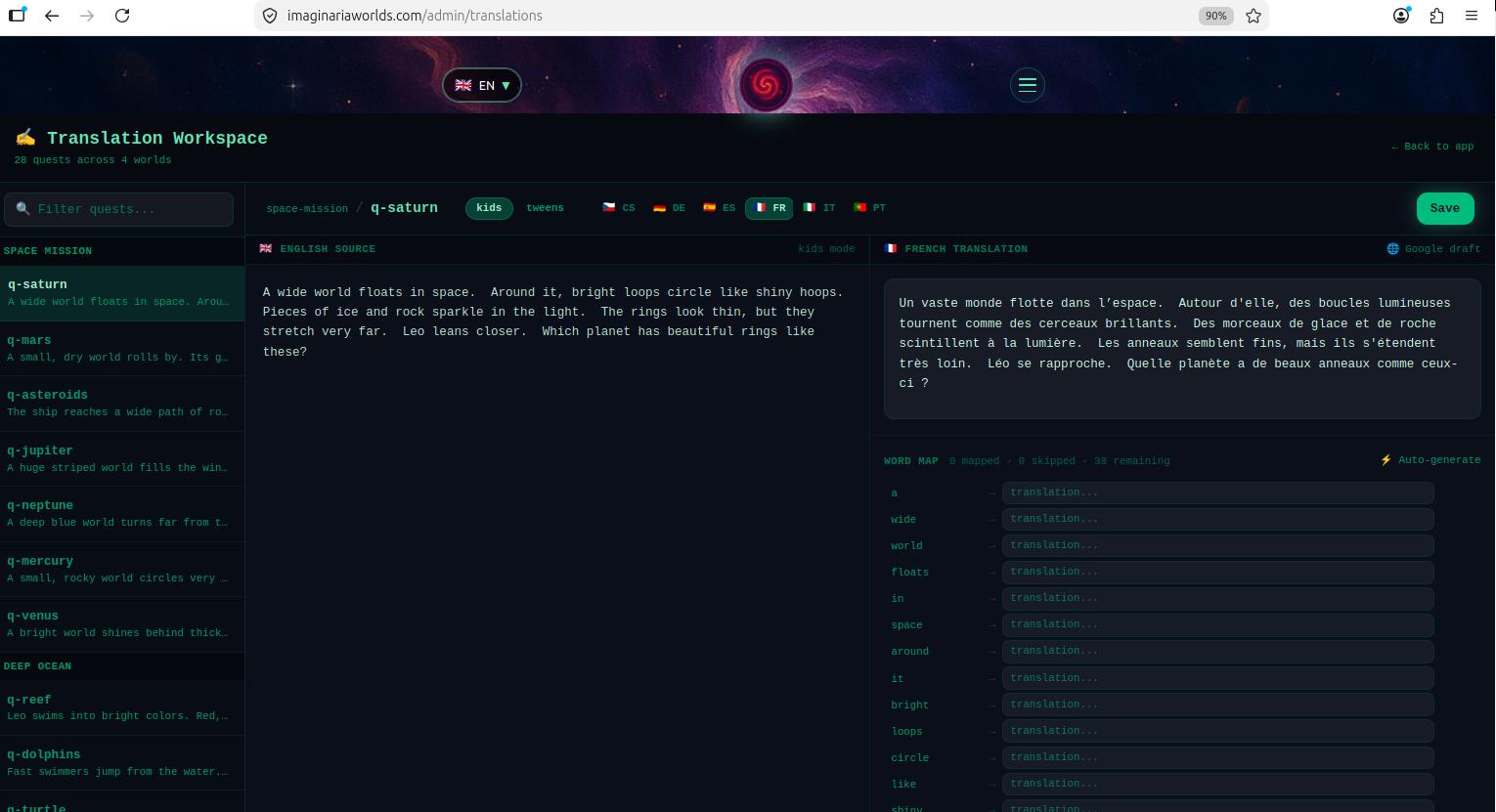 Translation workspace — quest sidebar, mode toggle, language selector, and translation editor