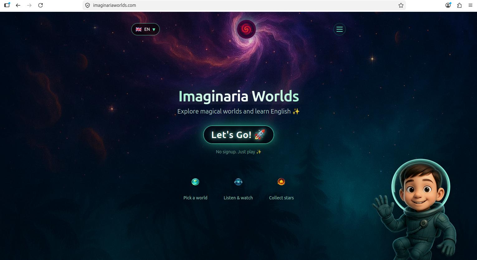 Imaginaria Worlds — landing page with emerald gradient, Leo the astronaut, and "Let's Go!" CTA