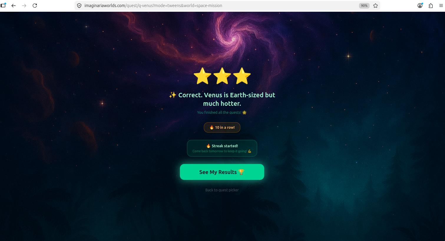 CELEBRATE step — confetti, streak fire banner, and continue button