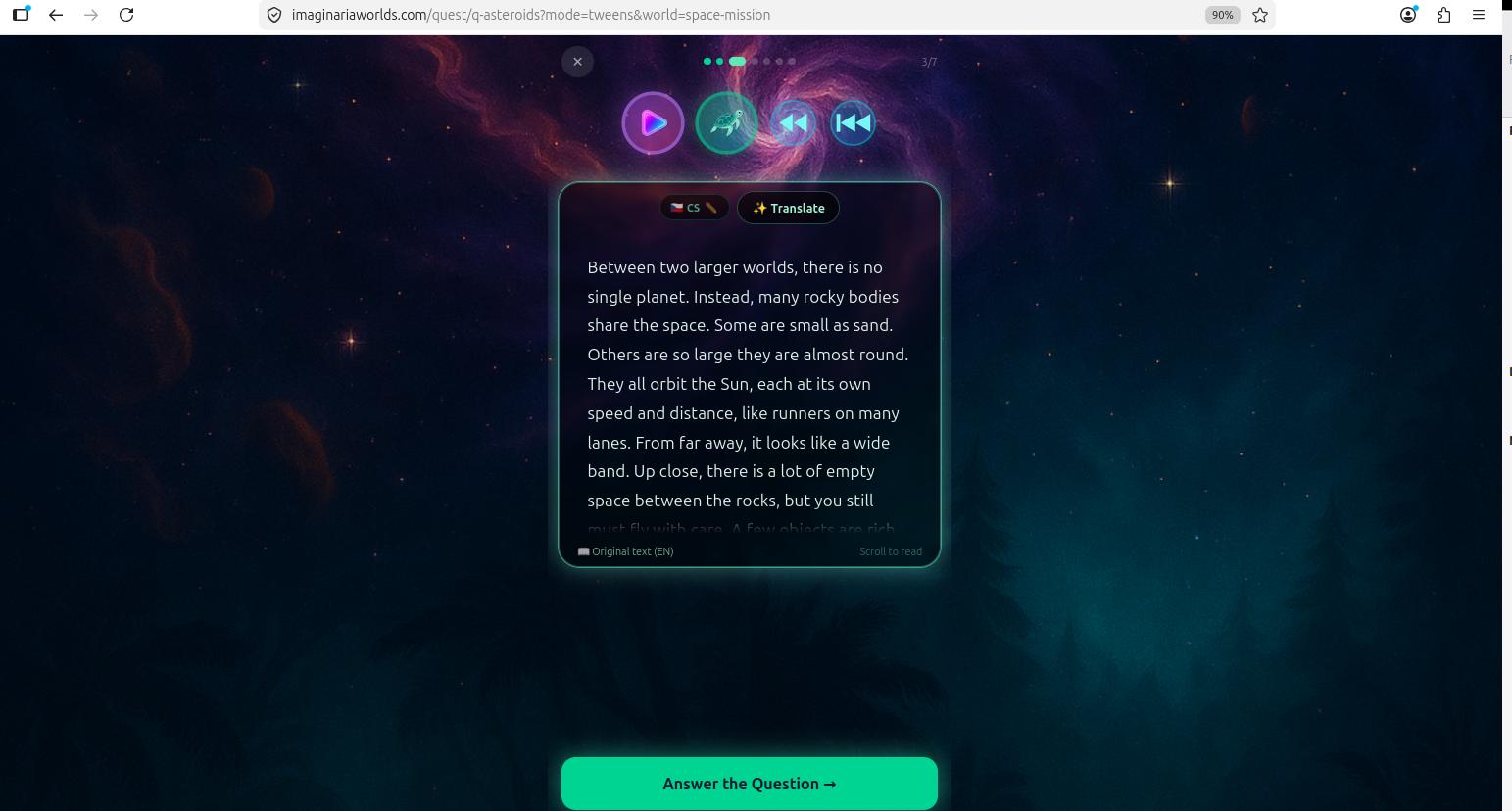 Quest flow — WATCH step with looping video and "I'm Ready → Read the Story" button