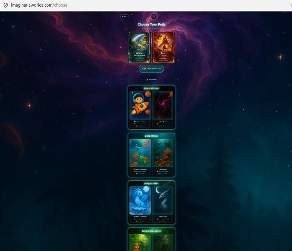 World selection — 7 worlds with Kids/Tweens tab filters and mode-specific cover art