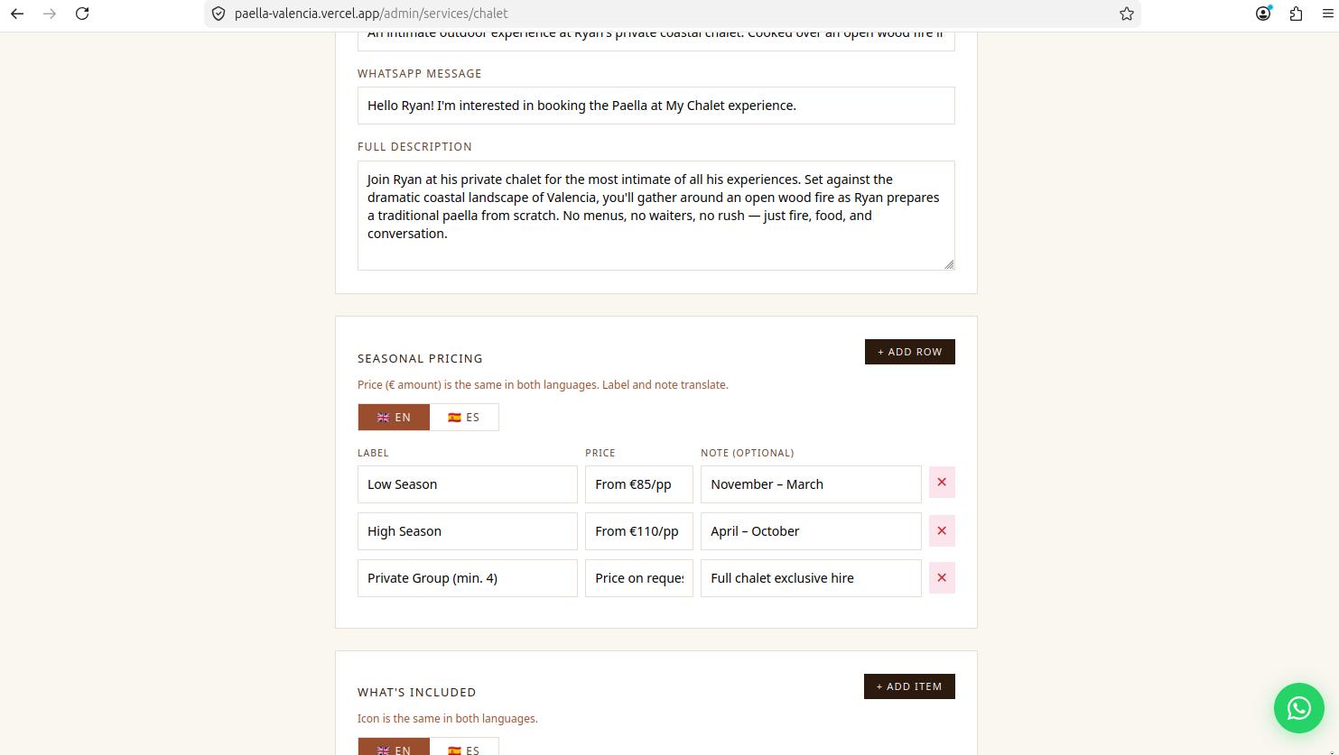 Admin: Seasonal pricing editor with bilingual labels